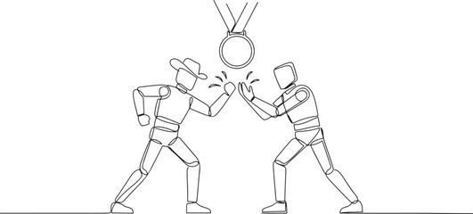 Single continuous line drawing two robots fighting for a medal award. Fight with strength and intelligence like a cowboy. Fight to become the most advanced robot. one line icon drawing © sadi
