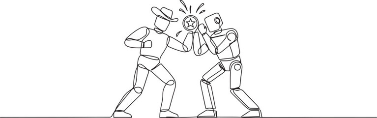 Single continuous line drawing two robots fighting for a medal award. Fight with strength and intelligence like a cowboy. Fight to become the most advanced robot. one line icon drawing © sadi