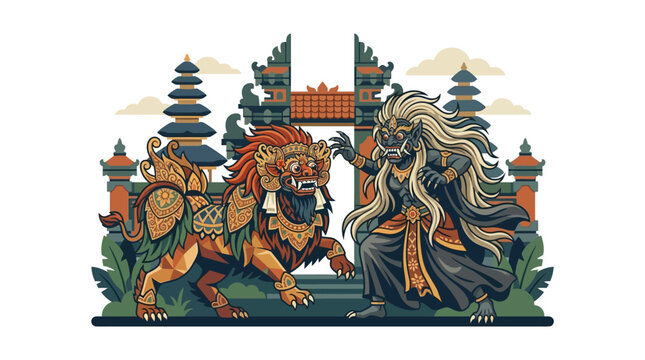 Intricate Barong and Rangda scene in temple courtyard