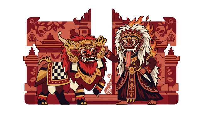 Intricate Barong and Rangda mythological battle illustration on red.