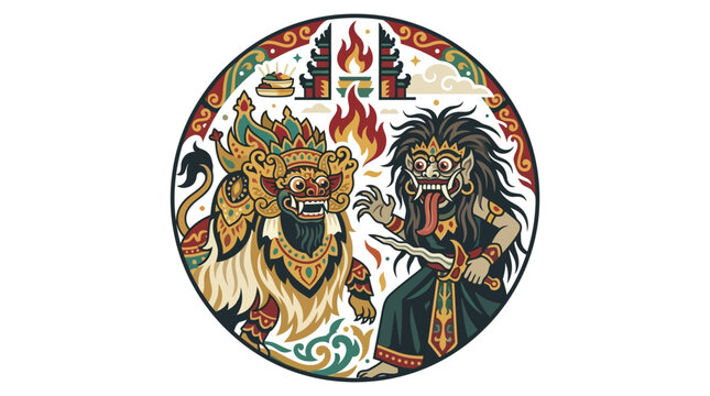 Intricate Barong and Rangda scene with fire elements.