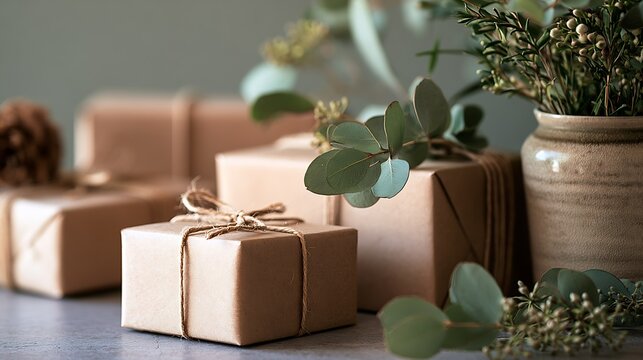 Eco friendly kraft paper gift boxes with twine and eucalyptus sprigs on neutral tabletop with ceramic vase