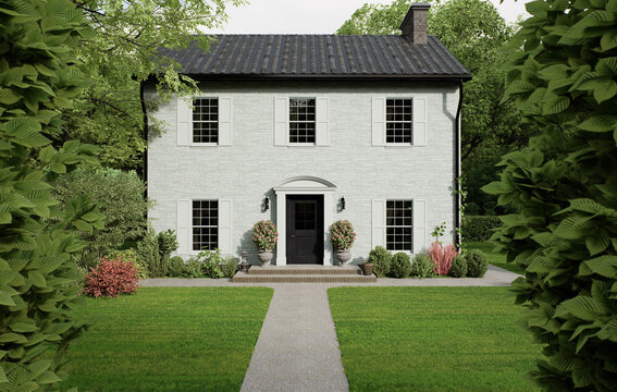 Classic Two-Story White Brick House Exterior with Green Lawn and Path