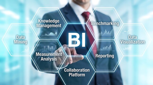 Businessman touching BI hexagon with data analysis icons