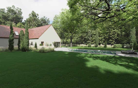 Modern luxury house with swimming pool, large green lawn and big trees