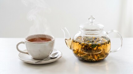 Fototapeta premium Steaming Herbal Tea in Glass Teapot and Cup with Dried Herbs and Flowers