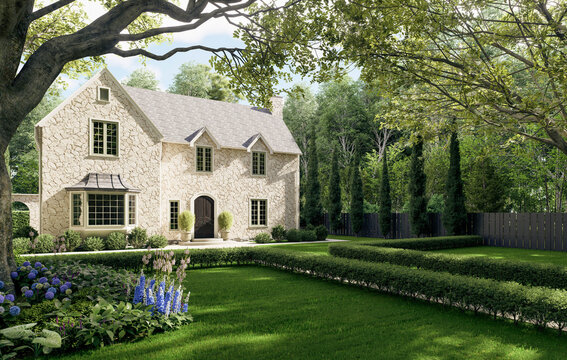 Luxury stone manor house with beautiful landscaped garden and lawn