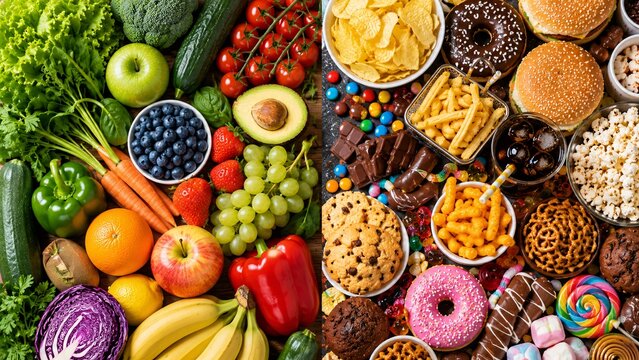 Top view flat lay comparison of healthy fresh vegetables versus unhealthy junk food.