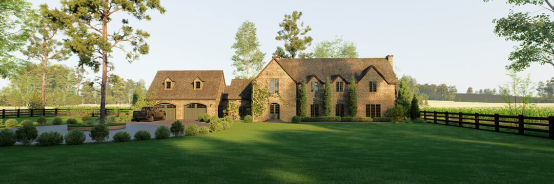 Luxury English country stone house with garage and green lawn yard