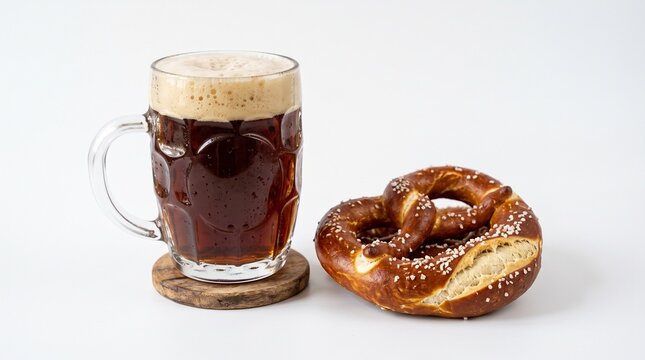 A tall glass mug filled with dark beer and a frothy head sits next to a large pretzel sprinkled with salt on a white background
