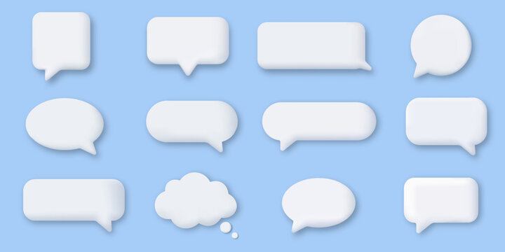 Set of 3D white speech bubbles and thought bubbles of various shapes and sizes with soft shadows on a light blue background. Perfect for UI UX design, messaging apps, social media, comic strips, commu