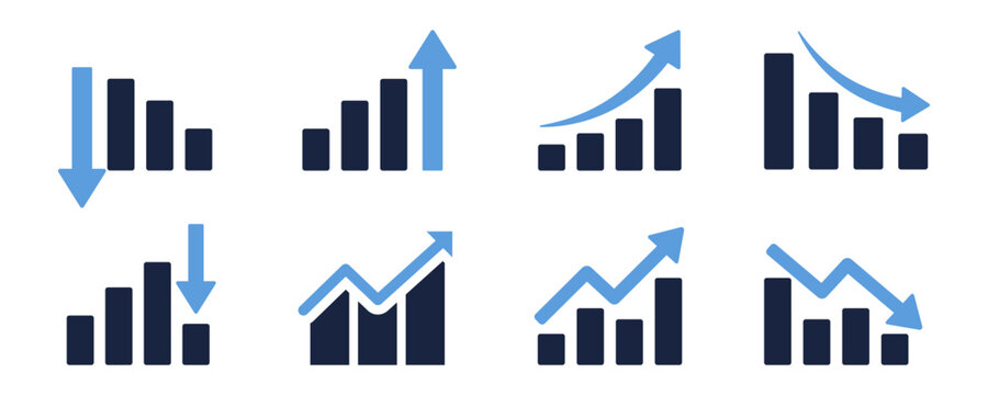 Set of vector business growth charts, financial progress diagrams, and statistics icons with upward and downward arrows, bar graphs, and trend lines. Perfect for business presentations, financia