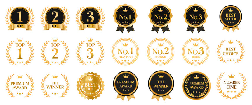 Set of vector luxury black and gold medals, award ribbons, winner badges, seals, and premium quality labels featuring top ratings, crowns, and laurel wreaths. Perfect for competitions, rankings, sales