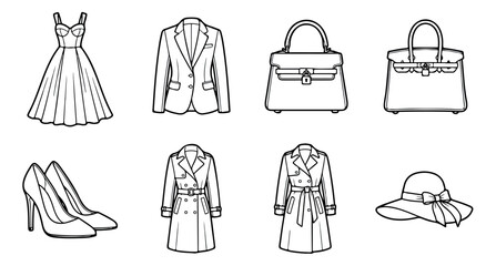 Minimalist fashion icons set, elegant womens clothing line art vector, luxury apparel and accessories collection, black and white boutique elements