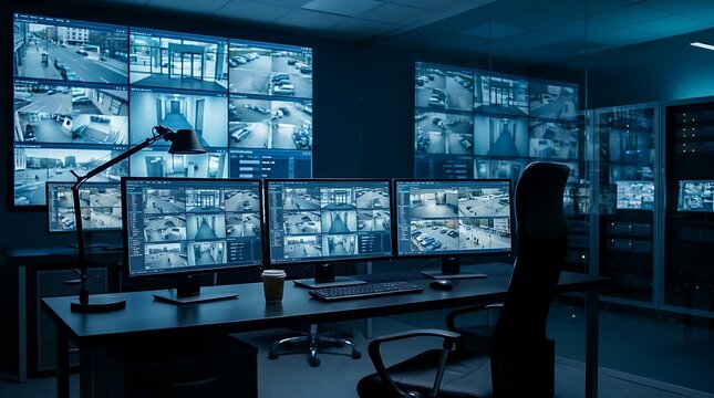Security monitoring room with multiple screens displaying CCTV footage