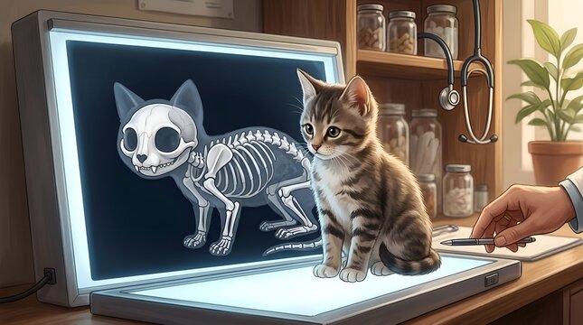 Cute Kitten Sitting Next to Digital X-Ray Skeleton Display