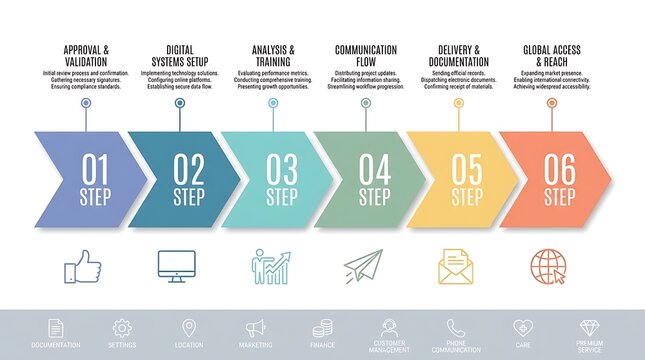 Six step business process infographic with icons and text