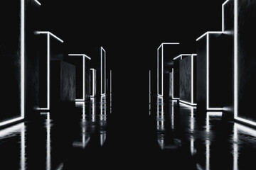 Obraz premium 3D rendering of geometric cubes with neon strips, arranged in a dark reflective space with sharp perspective.