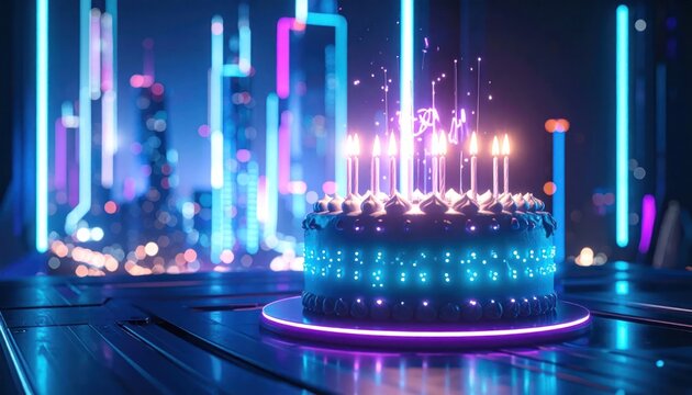 Cyberpunk birthday cake with glowing neon blue lights.