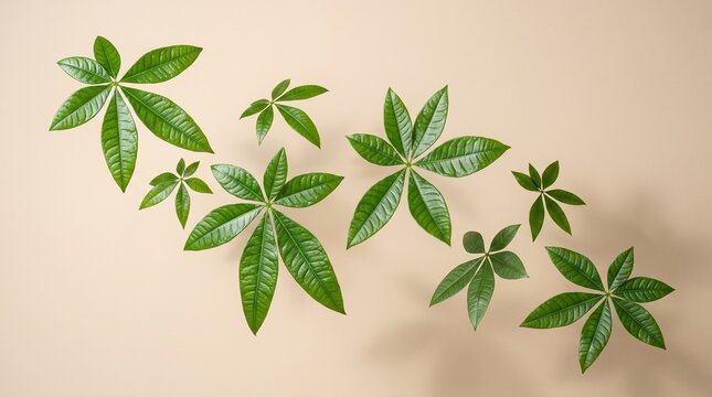 Floating Pachira money tree leaves on minimalist background for tropical botanical design, modern decoration and natural foliage concepts