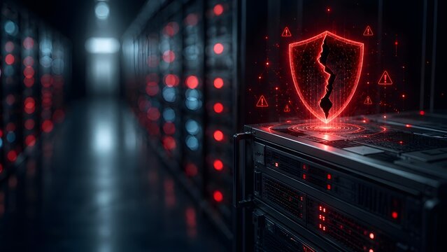 Dark server rack displaying glowing red cracked shield and warning triangles. Concept of enterprise network breach and cloud vulnerability alert.