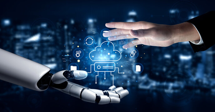 An AI managed cloud storage and data synchronization ecosystem. A concept of smart cloud computing for file storage, backup, and sharing. Motif