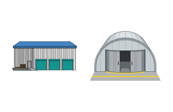 Vector Illustrations of Modern Industrial Storage Warehouse and Quonset Hut Style Metal Building Structures