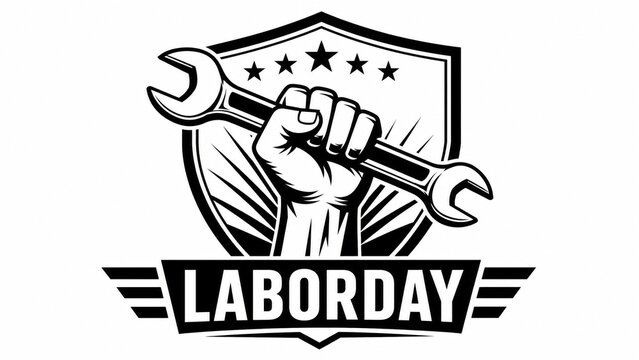 Fist holding wrench with stars and shield background for labor day celebration