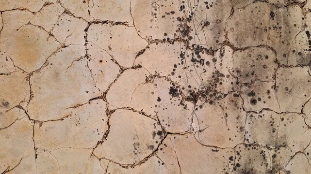 Aged cracked concrete wall texture with grunge spots and mold. Weathered beige surface background. Abstract urban decay and rough surface detail concept.