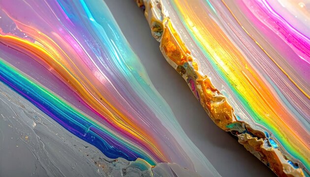 Abstract rainbow fluid art with gold leaf texture.
