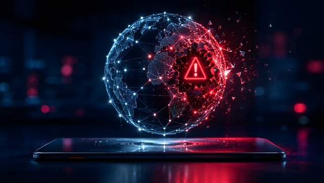 Shattering blue digital earth globe with red caution triangle over smartphone. Concept of global network outage, and worldwide communication failure.