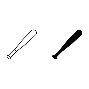 A professional vector illustration of a baseball bat in both outline and solid black formats.