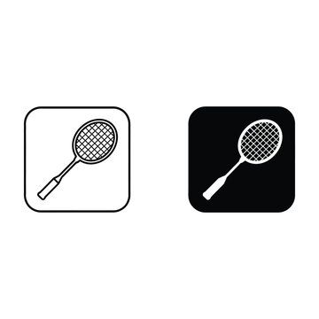 A pair of badminton racket icons displayed in both a thin outline and a solid black fill format.