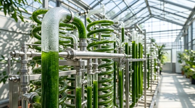 Microalgae photobioreactor tubes in a modern greenhouse