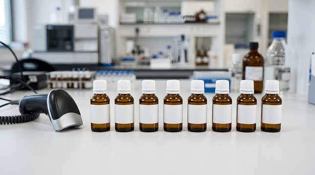 Pharmaceutical amber bottles and barcode scanner on lab bench