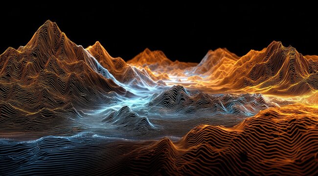 Abstract landscape of glowing, wireframe mountains in cool and warm tones against a black background.  The image uses a digital rendering technique to create a textured, almost ethereal feel