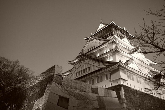 夜の闇に浮かび上がる大阪城天守閣と巨大な石垣をローアングルで捉えた壮麗な一枚。セピア色の色彩が歴史の重厚感と情緒を引き立て、ライトアップされた窓が幻想的なコントラストを生んでいる。