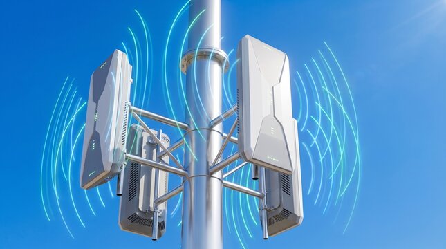 Modern cellular network tower antenna broadcasting 5g wireless internet signals in the bright blue sky