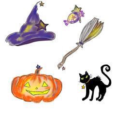Cute witch halloween clipart set with purple witch hat, magic broom, jack o lantern pumpkin, black cat and candy, hand drawn watercolor doodle illustration isolated on transparent background