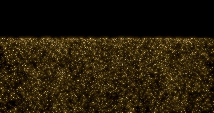 Glittering gold confetti cascade rise in black background. Sparkling glow effect. 4K 3D rendering animation.
