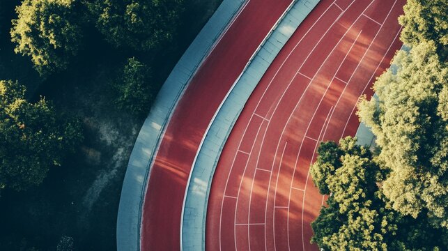 High-Angle View of Red Running Track Surrounded by Green Trees in Park