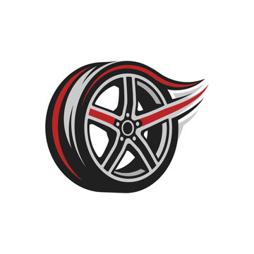 Stylized racing wheel and tire logo with speed streaks.