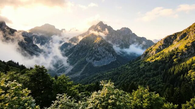 Mountain peaks at sunrise with rolling clouds and lush green forest valley, cinematic alpine landscape aerial view