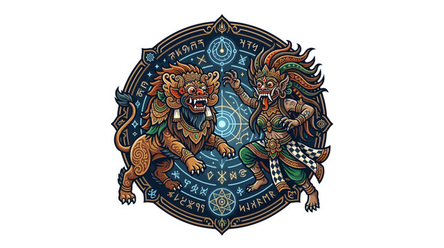 Intricate mandala style illustration of Barong and Rangda spirits.