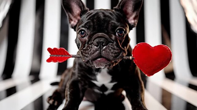 Adorable Tiny Black Puppy With White Markings Sits Center Stage in Zebra-Striped Studio Amid Red Hearts