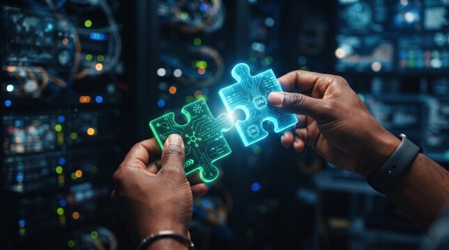 ​A person holding two glowing, high-tech puzzle pieces featuring circuit board patterns and a CPU icon, with a server room background.