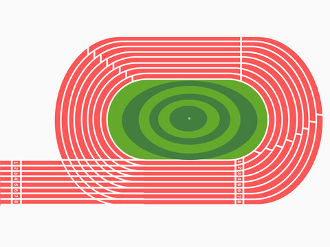 Top view of Running track with circular mow field turf in the stadium isolated on white background for sport athlete race