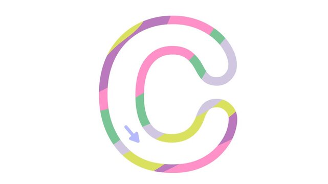 Capital letter C writing animation with direction arrows on a white background. Educational video asset for kids, preschool, and kindergarten students learning handwriting, alphabet tracing, and ABCs.
