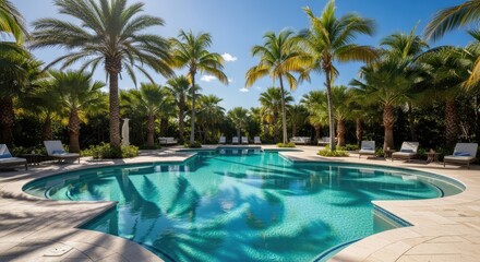 Fototapeta premium Curved luxury swimming pool under a bright sunny sky.