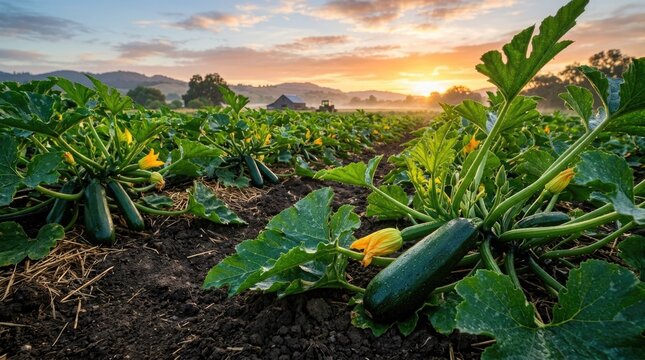 Zucchini plants growing in a farm field during a beautiful golden sunrise with green leaves yellow flowers and fresh vegetables ready for harvesting